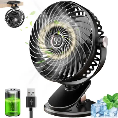 Produktbild von Tischventilator, Mini-USB-Ventilator mit LCD-Display, 6000 mAh, 5 Geschwindigkeiten, 720°-Drehung, Superleise Klemmventilator für Büro Zuhause
