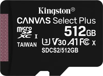 Zdjęcie produktu dla Kingston Technology Canvas Select Plus, 512 GB, MicroSDXC, Klasa 10, UHS-I, 100 MB/s, 85 MB/s