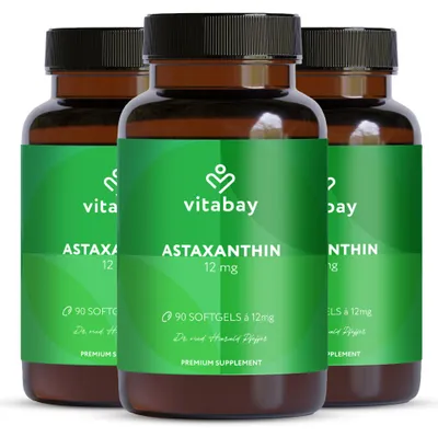 Produktbild von Vitabay Astaxanthin 12 mg – 270 vegane Softgel-Kapseln – aus Haematococcus pluvialis – ohne Zusatzstoffe – hochdosiert – 18 Monate Vorrat