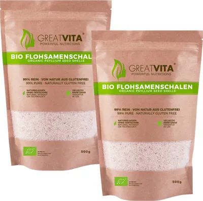 Produktbild von GreatVita Flohsamenschalen 2x 500g (1000g) | 99% rein, aus biologischem Anbau