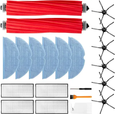 A collection of cleaning accessories for a robot vacuum cleaner, including brushes, filters, and mop pads, laid out on a white background.