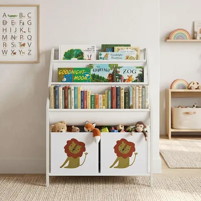 Produktbild von 4-stöckiges Kinderregal, Bücherregal für Kinder mit Buchhaltern und Stoffschublade, weiß