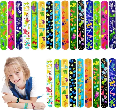 Image de Bracelets en forme de dinosaures, lot de 24, motifs de dinosaures colorés, pour les fêtes