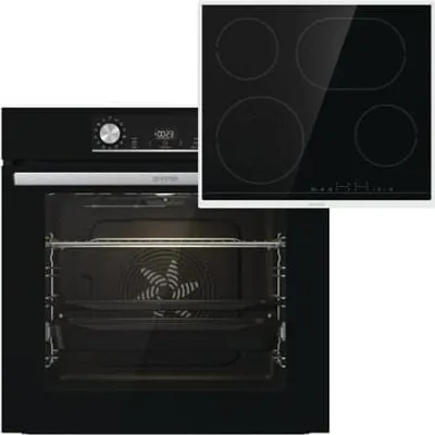 A black oven and a black induction hob are shown side-by-side against a white background.