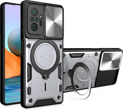 Produktbild von Handyhülle für Xiaomi Redmi Note 10 Pro /Note 10 Pro Max Dual-Layer Stoßfest Rüstung Hülle mit Dia Kameraschutz und Kreisförmig Ring Ständer Silber