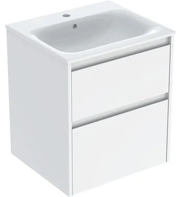 Produktbild von Geberit Renova Plan Set Möbelwaschtisch schmaler Rand, mit Unterschrank, zwei Schubladen: 55x62.1x48cm, Breite Waschtisch=55cm, Waschtisch: weiß / KeraTect, Korpus, Front: weiß / lackiert seidenglänzend