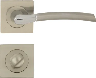 Produktbild von DOMINO Türgriff Drückergarnitur WC - Badezimmer Set | mit quadratische Rosette | für Badezimmertüren | Set WC - Rosetten-Garnitur | Türbeschläge aus Aluminium  |Chrom/Nickel |PRESTO-QR M6/M9