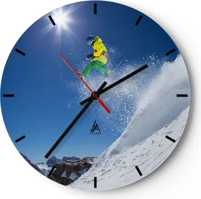 Produktbild von Wanduhr - Rund - Glasuhr - Ski Winter Schnee Berg - 30x30cm - Schleichendes Uhrwerk - Lautlos - zum Aufhängen bereit - Dekoration Modern - Wanddekoration aus Glas - C3AR30x30-2856