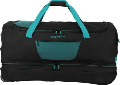 A black and teal duffel bag with wheels.