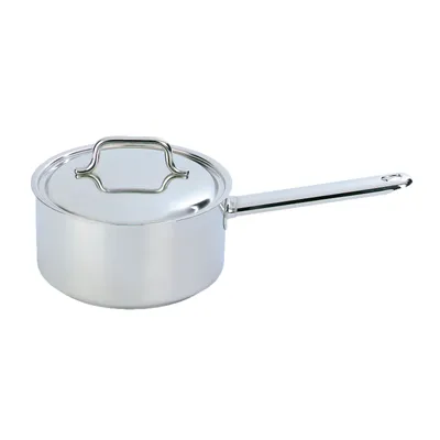 A stainless steel saucepan with a lid and handle, isolated on a white background.