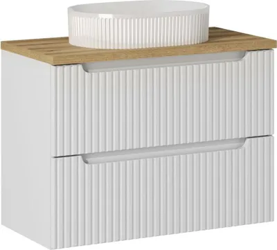 Produktbild von Badezimmerschrank Weiß 80 Cm Mit Eichenplatte Und Aufsatzwaschtisch