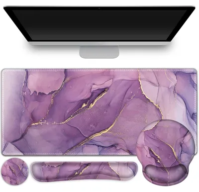 Obrázek produktu pro Podložka pod psací stůl XXL s opěrkami zápěstí, sada 4 v 1 pro myš a klávesnici, barva: fialová, design: mramor