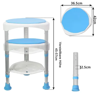 Produktbild von TWOLIIN, Duschhocker, höhenverstellbar, 360° drehbar, aus Aluminium und Kunststoff, Fuß Durchmesser 32-33cm, Sitzplatte Durchmesser 36cm (Blau) / 42cm (Weiß), für ältere Menschen, Menschen mit Behinderungen und Kinder