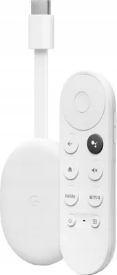 A white Google Chromecast with Google TV device and its remote control are shown against a white background.