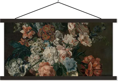 Produktbild von MuchoWow® Textilposter Stilleben mit Blumen - Gemälde von Cornelia van der Mijn 90x45 cm mit schwarzem Rahmen - Klemmleisten