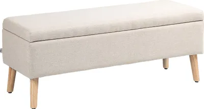 Zdjęcie produktu dla Ławka HOMCOM z pojemnikiem i imitacją lnu, tapicerowana ławka z drewnianymi nogami, skrzynia do salonu, sypialni, przedpokoju, 110 x 39 x 45 cm, beżowa