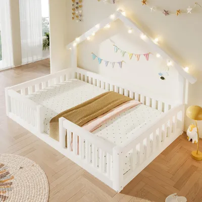 Produktbild von Flieks Kinderbett 90x200cm mit Led, Hausbett mit Dach, Bodenbett Spielbett mit Rausfallschutz, Holzbett Einzelbett ohne Lattenrost, Weiß