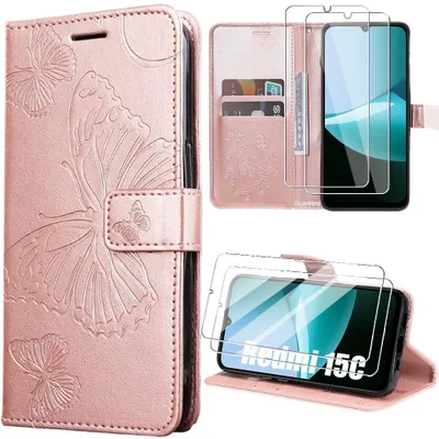 Image de Coque + 2 Verres Trempés pour Xiaomi Redmi 15C 4G/5G, Antichoc Cuir Synthétique Rose Motif Papillon