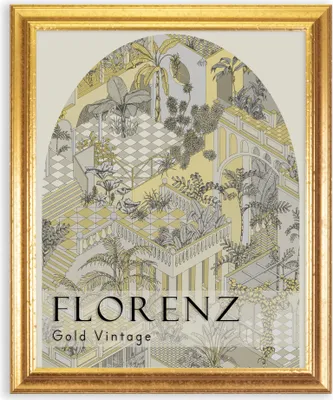 A framed picture with an arched illustration of an ornate garden scene with plants and architecture.