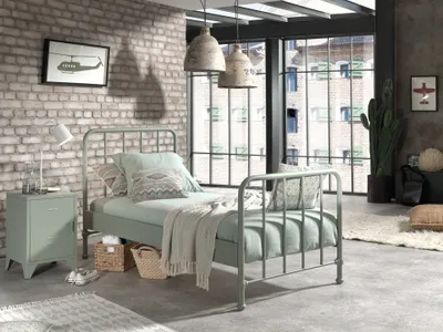 Zdjęcie produktu dla Łóżko metalowe Vipack BRONXX o matowym wyglądzie w kolorze oliwkowej zieleni, podstawa materaca 90 x 200 cm
