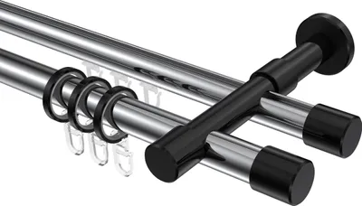 Produktbild von Interdeco Rundrohr-Innenlaufstange / Gardinenstange (Kombination) Chrom / Schwarz, Typ Prestige Santo (Kappe), 20 mm Ø 2-läufig, 240 cm