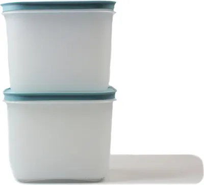 Two white food storage containers with blue lids are stacked on top of each other.