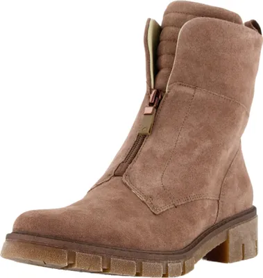 A single brown suede boot with a zipper is shown against a white background.