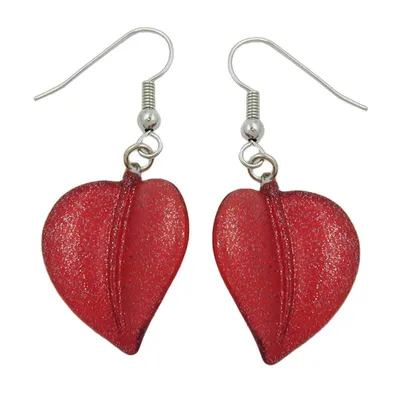 Produktbild von Ohrhaken Ohrhänger Ohrringe 45x20mm Kunststoffperle Blatt rot mit Flitter silber 45x20mm