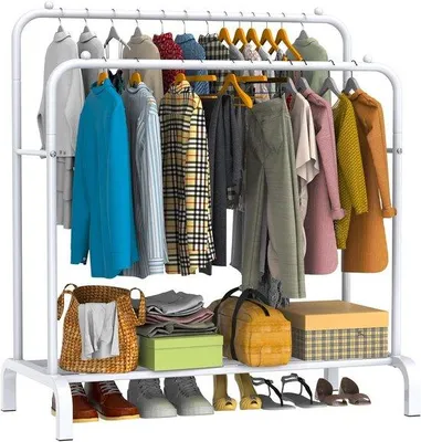 Immagine prodotto di Portaabiti Unyqoos® con doppia barra, 110x55x150 cm, design minimalista, struttura in metallo – autoportante, utilizzabile come portaabiti e scaffale per scarpe