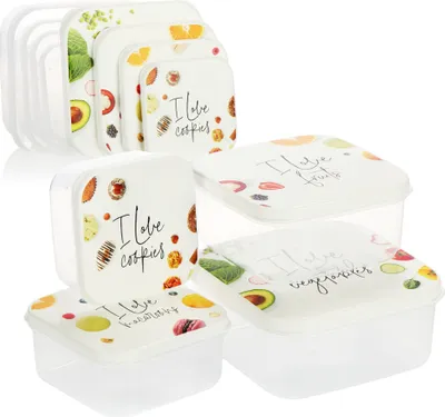 A set of clear plastic food storage containers with decorative lids, arranged in a group.
