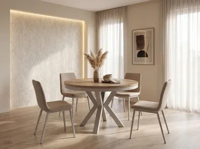 Produktbild von Runder Ausziehbarer Esstisch im Loft-Stil - Industrieller Tisch mit Grau-Beige Kaschmir Metallbeinen - Platzsparender Tisch für Wohnzimmer - Lancelot Eiche - 100 bis 180 cm