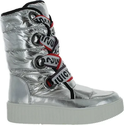 A studio shot of a single silver boot.