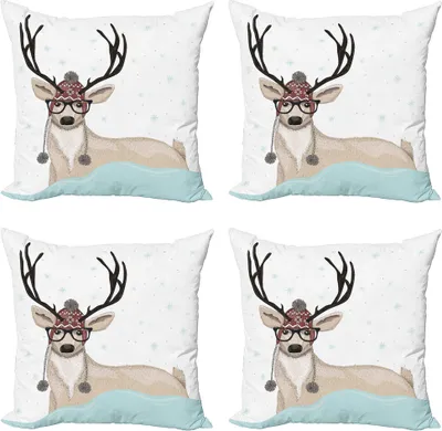Produktbild von ABAKUHAUS Weihnachten Kissenbezug Set (4 Stück), Hipster Hirsch mit Brille, Moderner Doppelseitiger Digitaldruck, 45 cm x 45 cm, Mehrfarbig