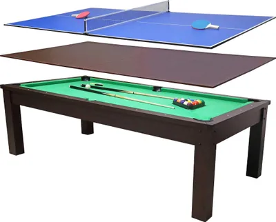A 3-in-1 game table with a ping pong top, a pool table with cues and balls, and a cover.