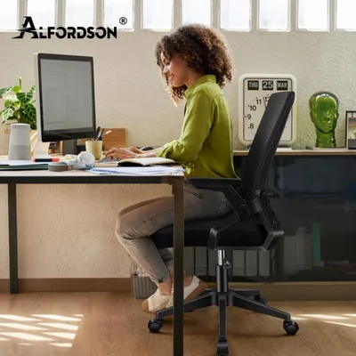 Produktbild von ALFORDSON Bürodrehstuhl, Ergonomischer Mittelhoher Netzstoff Drehstuhl mit Rollen, Bequeme Lendenstütze, Hochklappbare Armlehnen,Schlafzimmer, Schwarz
