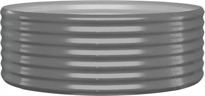 A grey corrugated metal raised garden bed.
