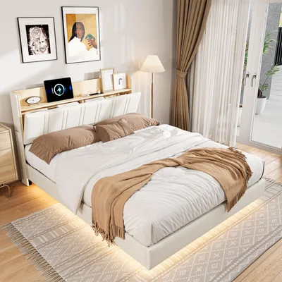 Zdjęcie produktu dla ProximaX Nowoczesne łóżko pływające 160x200 cm z oświetleniem LED, złączem USB i schowkiem w zagłówku - Białe łóżko podwójne ze skórypoliuretan o pływającej konstrukcji