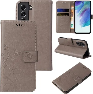 Collage of images showing a flip phone case for a Samsung Galaxy S21 FE, with floral and butterfly designs.