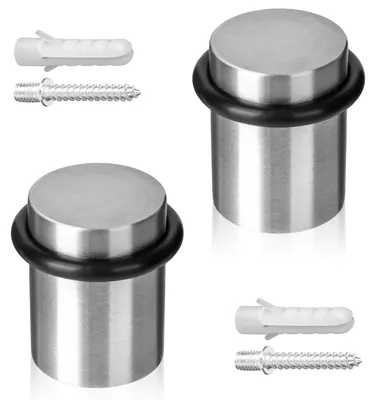 Image de Butée de porte sur pied à visser, 2 butées de porte en acier inoxydable Ø 30 x 40 mm, finition brossée, vis et chevilles incluses.