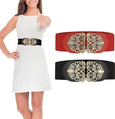 Produktbild von Unyqoos® Breiter elastischer Taillengürtel Damen, 2er-Set – Retro Stretch-Taillengürtel mit Kunstlederenden & Retro-Legierungsschnalle, 65 cm (dehnbar +20 cm), 6 cm