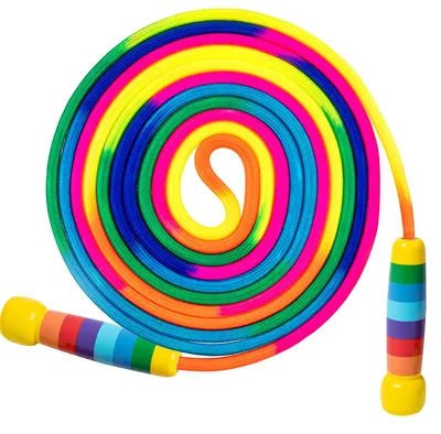 Imagen del producto de Cuerda de saltar para niños, 5 metros, colores del arcoíris, con mangos de madera, ideal para juegos en grupo