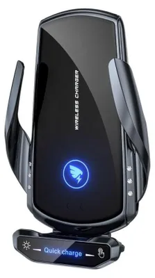 A black wireless car charger with a blue illuminated logo and text.