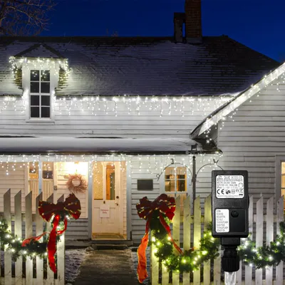 Immagine prodotto di Catene luminose Ikodm, 200 LED effetto "pioggia di ghiaccio", luce bianca fredda, larghezza 5 metri, grado di protezione IP44, 8 modalità di illuminazione, funzione di memorizzazione, ideale per decorazioni natalizie da esterno