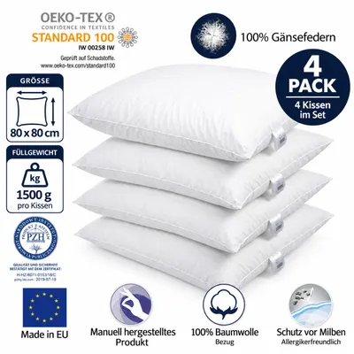 Produktbild von 4er Set Federkissen 80x80 cm 1300 Gramm – Kopfkissen mit 100% Gänsefedern – Baumwollbezug 185 g/m² – Ganzjahreskissen