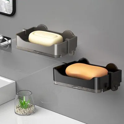 Productafbeelding van Unyqoos® Zeephouder set van 2 stuks, zonder boren – roestvrij kunststof zeepbakjes met afvoersysteem en 2 haken, zwart/grijs, geschikt voor douche en keuken