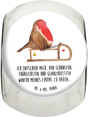 Produktbild von Mr. & Mrs. Panda Bonboniere Rotkehlchen Schlitten L 870ml - Weiß - Geschenk, Kaffeedose, Glasdose, keksdose glas, Süßigkeiten, Frischhaltedose, Weihnachten, Vogel