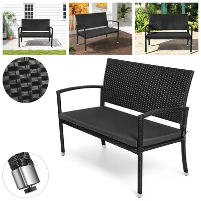 Produktbild von Vigevee Polyrattan Gartenbank Schwarz 2-Sitzer mit Auflage, Outdoor Sitzbank für Veranda Balkon Terrasse