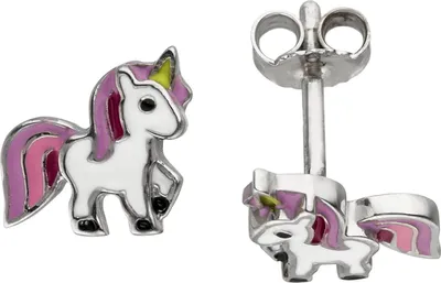 Produktbild von Kinder Ohrstecker Einhorn aus 925 Silber Ohrschmuck lila-pink-grün Lackeinlagen