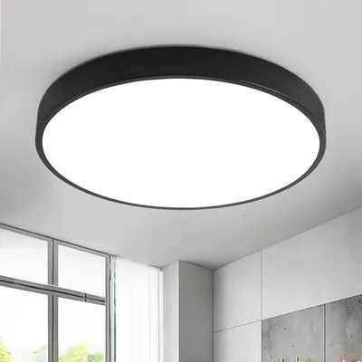 A modern, round LED ceiling light with a black frame is mounted on a white ceiling.