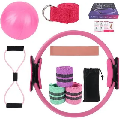 Produktbild von Pilates-Set, 11-teilig – Yoga-Ring – Yogaball, 25 cm – Widerstandsband – Dehnband – Inklusive Tasche und Anleitung – Yoga-Set